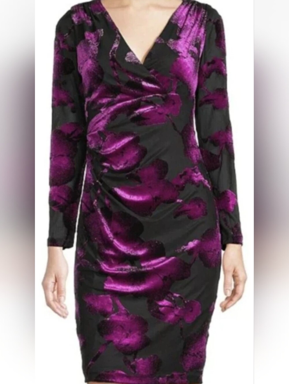 Adrianna Papell Black and Purple Floral Wrap-Style Long Sleeve Dress
